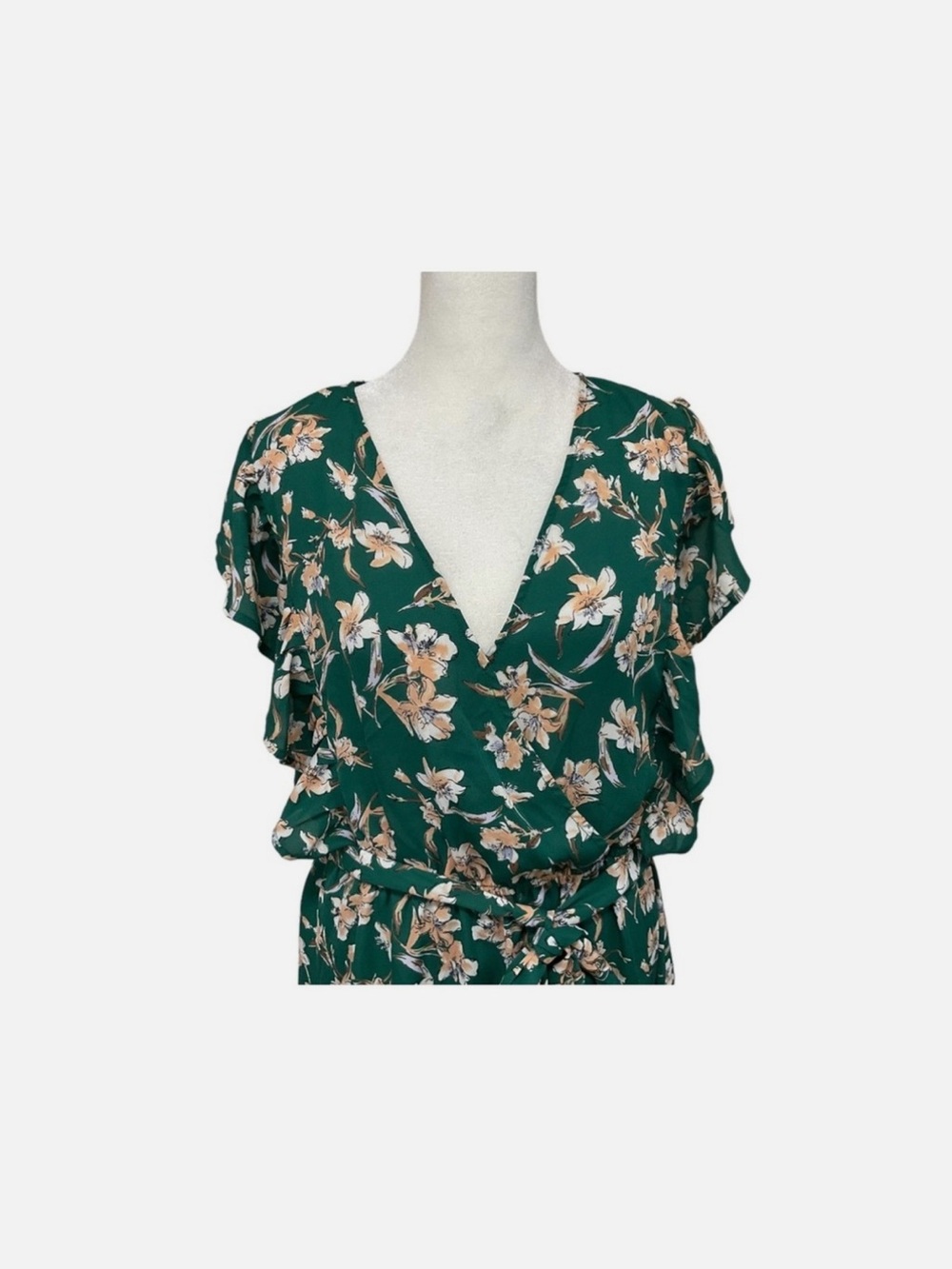 Green Floral V-Neck Midi Dress with Tie Waist